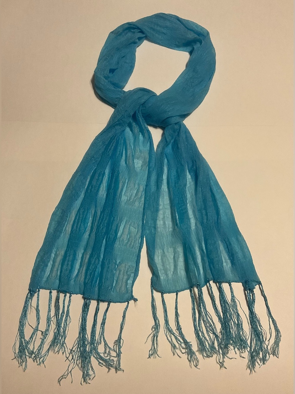 Women Blue Solid Chiffon Rectangle Scarf Wrap w/ Fringe 60x14